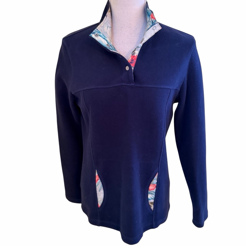 Tommy Bahama Navy Blue Henley Pullover Top with Floral Accent Detail S